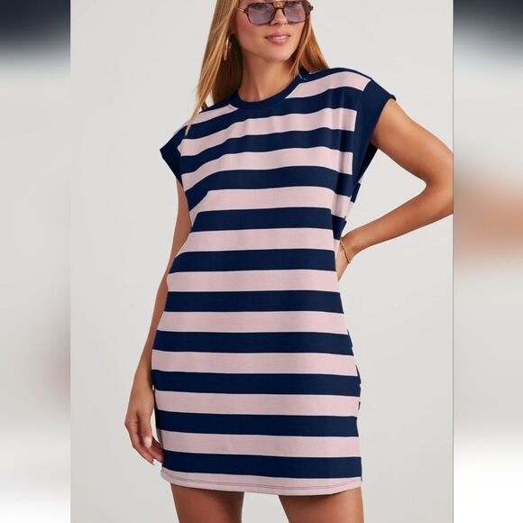 AlvaQ Summer Shirt Dress, Pale Pink & Navy, Cap Sleeve, Mini Dress, M - Picture 5 of 11